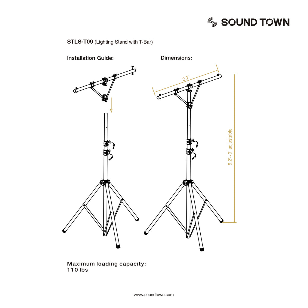 Sound Town STLS-T09 | DJ Lighting Stand, Height Adjustable, 9 ft Tall, with T-Bar and Tripod Base - Installation Guide and Dimensions