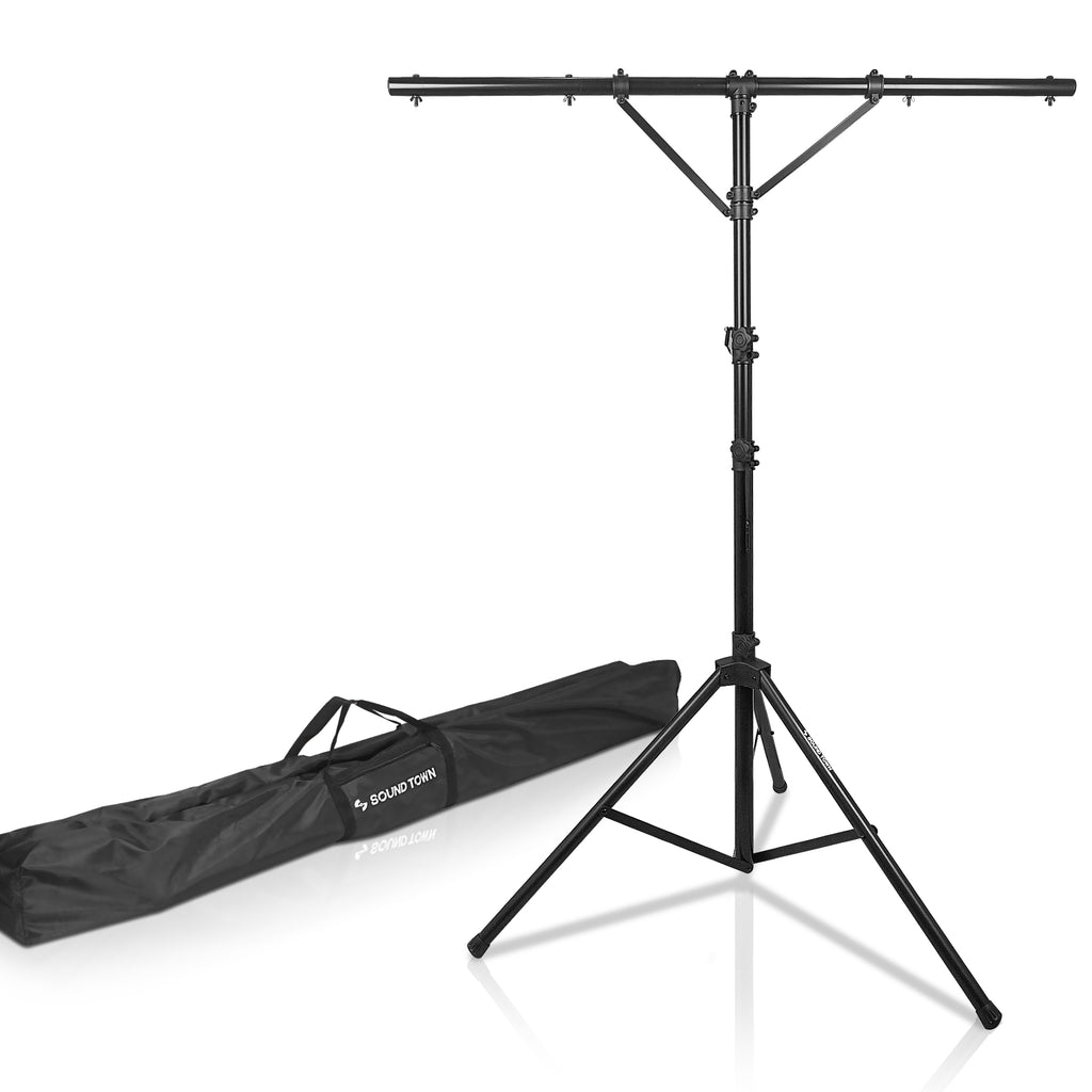 Sound Town STLS-T12 | DJ Lighting Stand, Height Adjustable, 12 ft Tall, with T-Bar and Tripod Base-Comes with a Convenient Carry Bag for Easy Transport and Storage