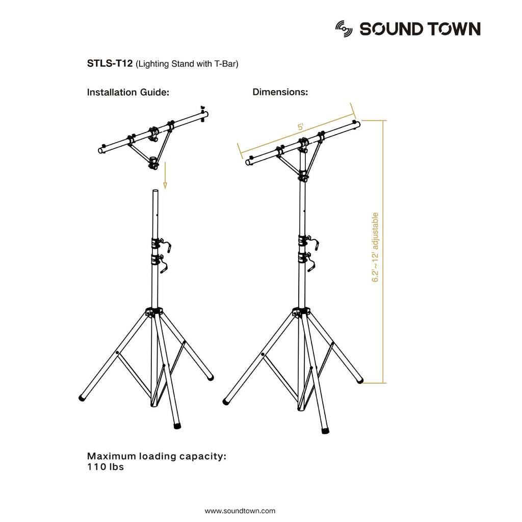Sound Town STLS-T12 | DJ Lighting Stand, Height Adjustable, 12 ft Tall, with T-Bar and Tripod Base-Dimensions
