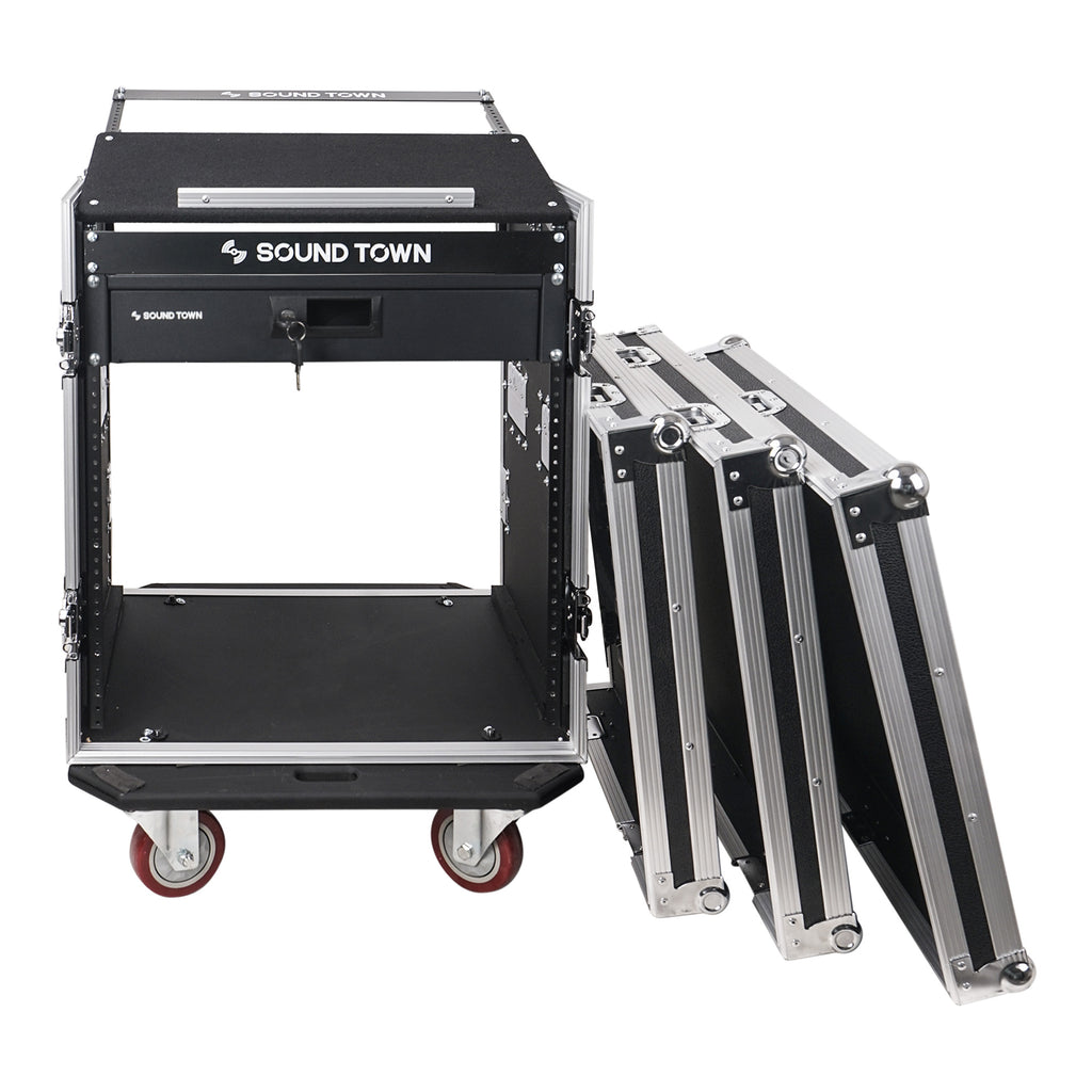 Sound Town STMR-12D2 12U (12 Space) PA DJ Pro Audio Rack/Road ATA Case with 11U Slant Mixer Top, 20.2" Rackable Depth and Casters - Removable Front, Back and Top Cover Lids