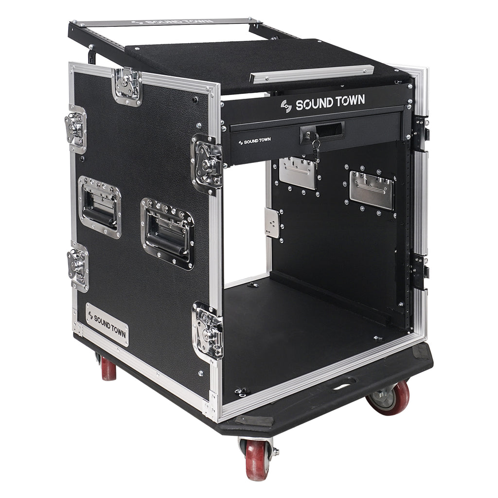 Sound Town STMR-12D2 12U (12 Space) PA DJ Pro Audio Rack/Road ATA Case with 11U Slant Mixer Top, 20.2" Rackable Depth and Casters - Dual Spring Handles on each side