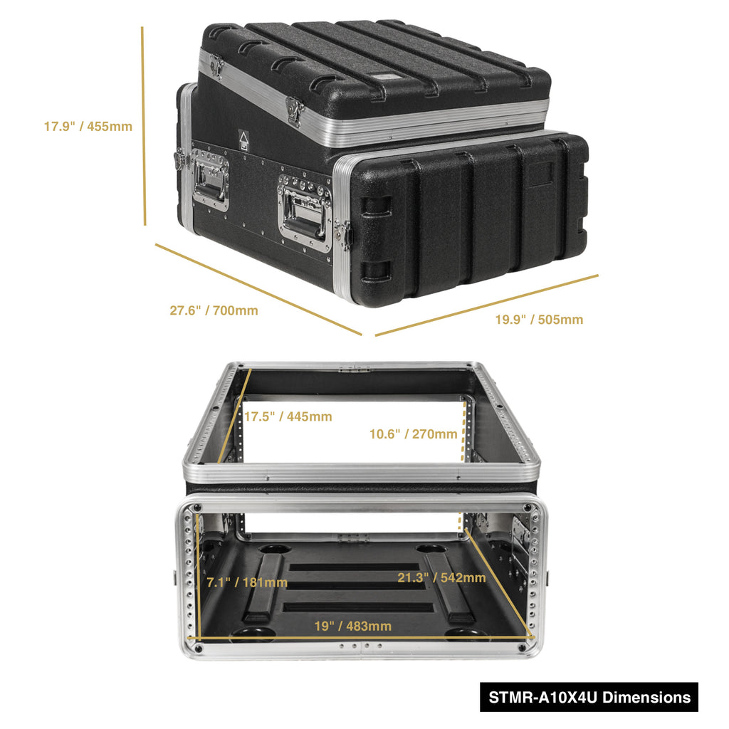 Sound Town STMR-A10X4U | Lightweight and Compact 4U ATA ABS Rack Case, with Slant Mixer Top, 21" Depth, 10U Top and 4U Side Spaces-Size and Dimensions