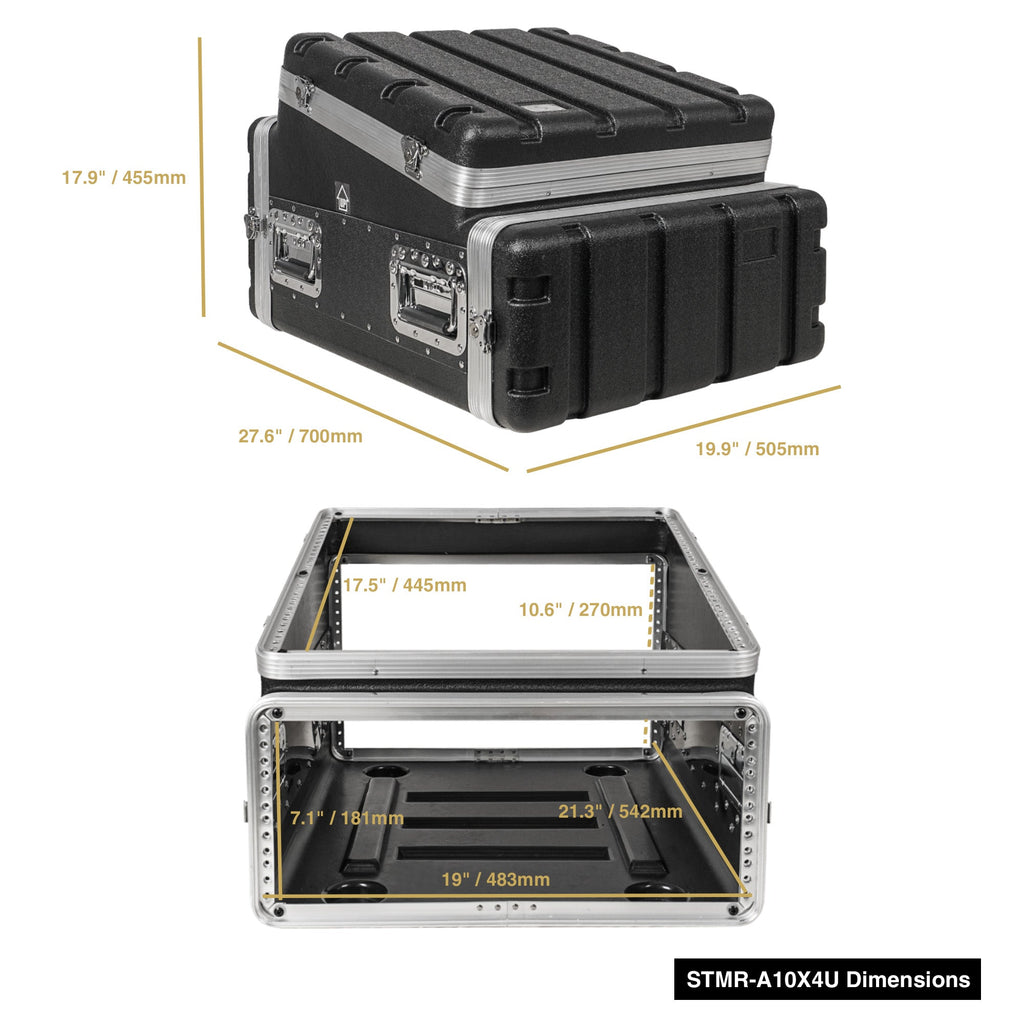 Sound Town STMR-A10X4U-R | REFURBISHED: Lightweight and Compact 4U ATA ABS Rack Case, with Slant Mixer Top, 21" Depth, 10U Top and 4U Side Spaces-Size and Dimensions