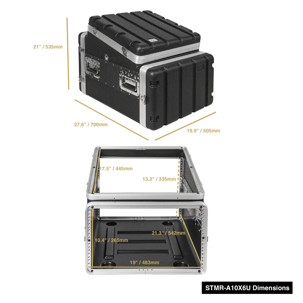 Sound Town STMR-A10X6U | Lightweight and Compact 6U ATA ABS Rack Case, with Slant Mixer Top, 21" Depth, 10U Top and 6U Side Spaces-Size and Dimensions