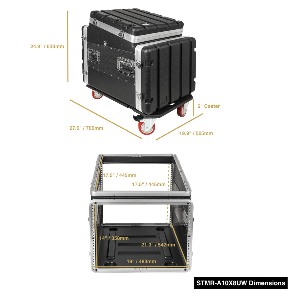 Sound Town STMR-A10X8UW | 8U Lightweight and Compact ATA ABS Rack Case, with Slant Mixer Top, Casters, 21" Depth, 10U Top , 8U Side Spaces - Size and Dimensions