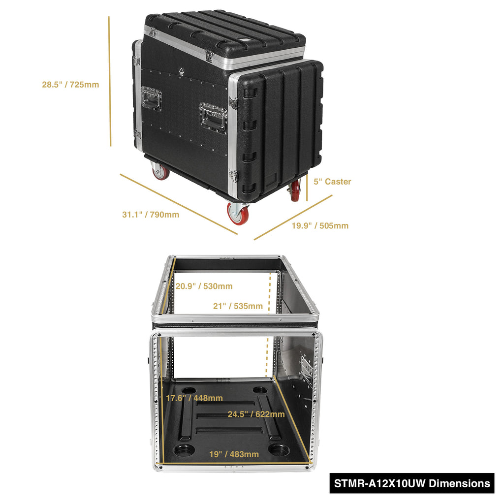 Sound Town STMR-A12X10UW | 10U Lightweight and Compact ATA ABS Rack Case, with Slant Mixer Top, Casters, 24.5" Depth, 12U Top , 10U Side Spaces - Size and Dimensions