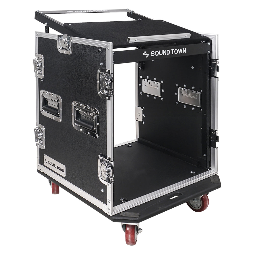 Sound Town STMR-S12UW-R | REFURBISHED: 12U PA/DJ Road/Rack ATA Case w/ Enhanced 1/2" (12mm) Plywood, 11U Slant Mixer Top, 20.2" Rackable Depth and Casters - Dual Spring Handles on Each Side