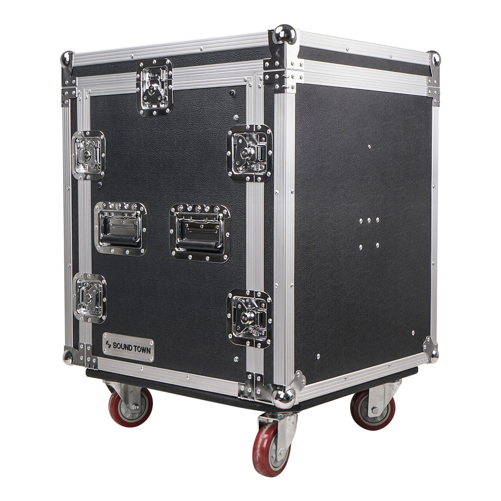Sound Town STMR-S12UW-R | REFURBISHED: 12U PA/DJ Road/Rack ATA Case w/ Enhanced 1/2" (12mm) Plywood, 11U Slant Mixer Top, 20.2" Rackable Depth and Casters - Heavy Duty Plywood