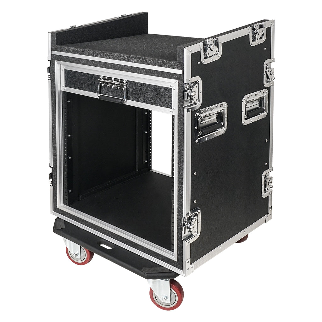 Sound Town STMR-SP12UW | Shock Mount 12U (12 Space) PA/DJ Rack/Road ATA Case with 20.2" Rackable Depth, 11U Slant Mixer Top and Casters - Side Rubber Handles