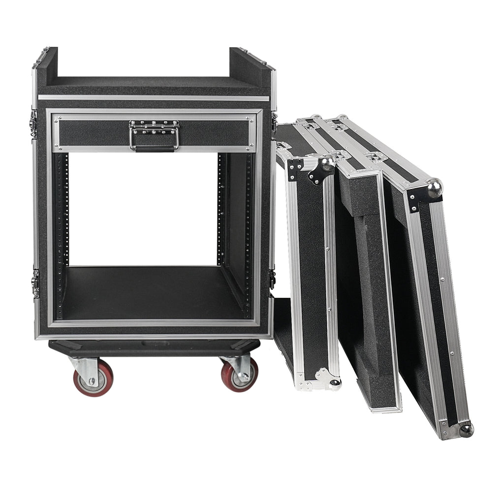 Sound Town STMR-SP12UW | Shock Mount 12U (12 Space) PA/DJ Rack/Road ATA Case with 20.2" Rackable Depth, 11U Slant Mixer Top and Casters - Heavy Duty