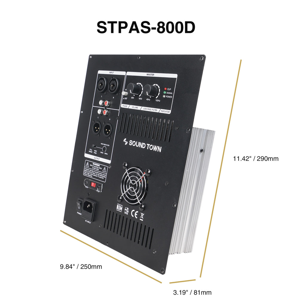 Sound Town STPAS-800D Class-D 700W RMS Plate Amplifier for PA DJ Subwoofer Cabinets with LPF - External Size and Dimensions