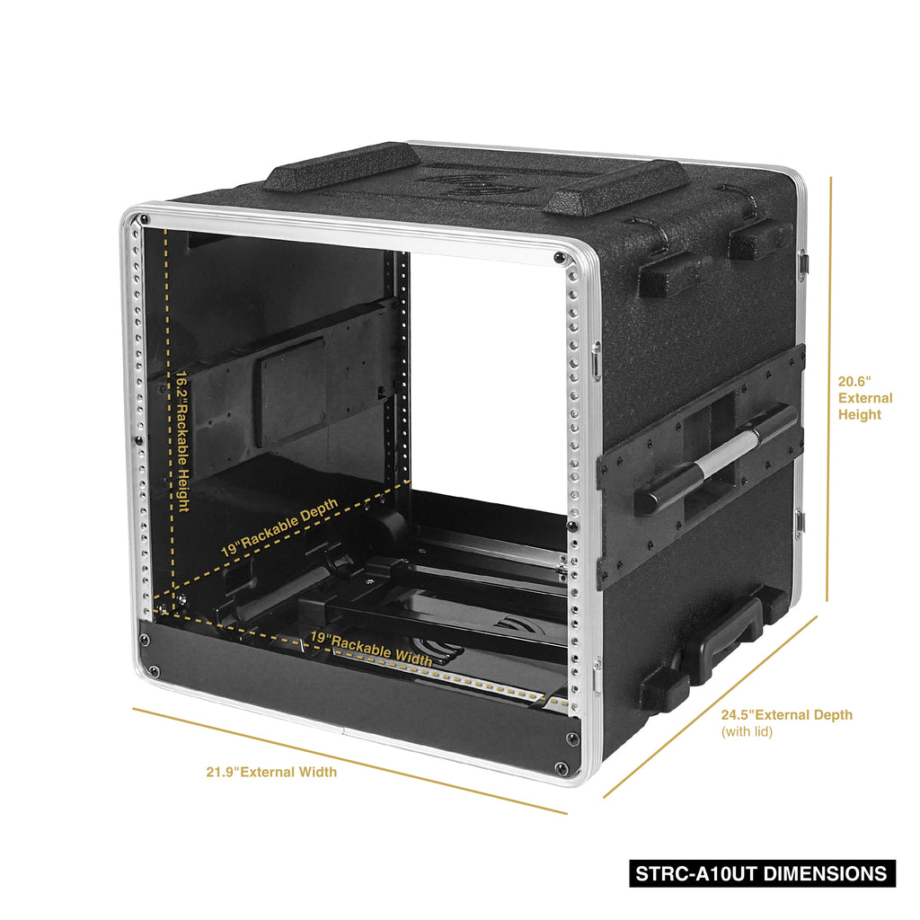 Sound Town STRC-A10UT | Lightweight and Compact 10U PA/DJ ABS Road Case w/ 9U Rack Space, 19” Depth, Retractable Handle, Wheels, Heavy-Duty Latches - Size and Dimensions