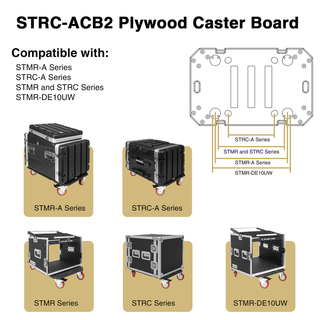 Sound Town STRC-ACB2-R | REFURBISHED: Plywood Caster Board for Road/Rack Cases, w/ 4-inch Wheels and Brakes - Compatible with STMR-A Series, STRC-A Series, STMR & STRC Series, STMR-DE10UW