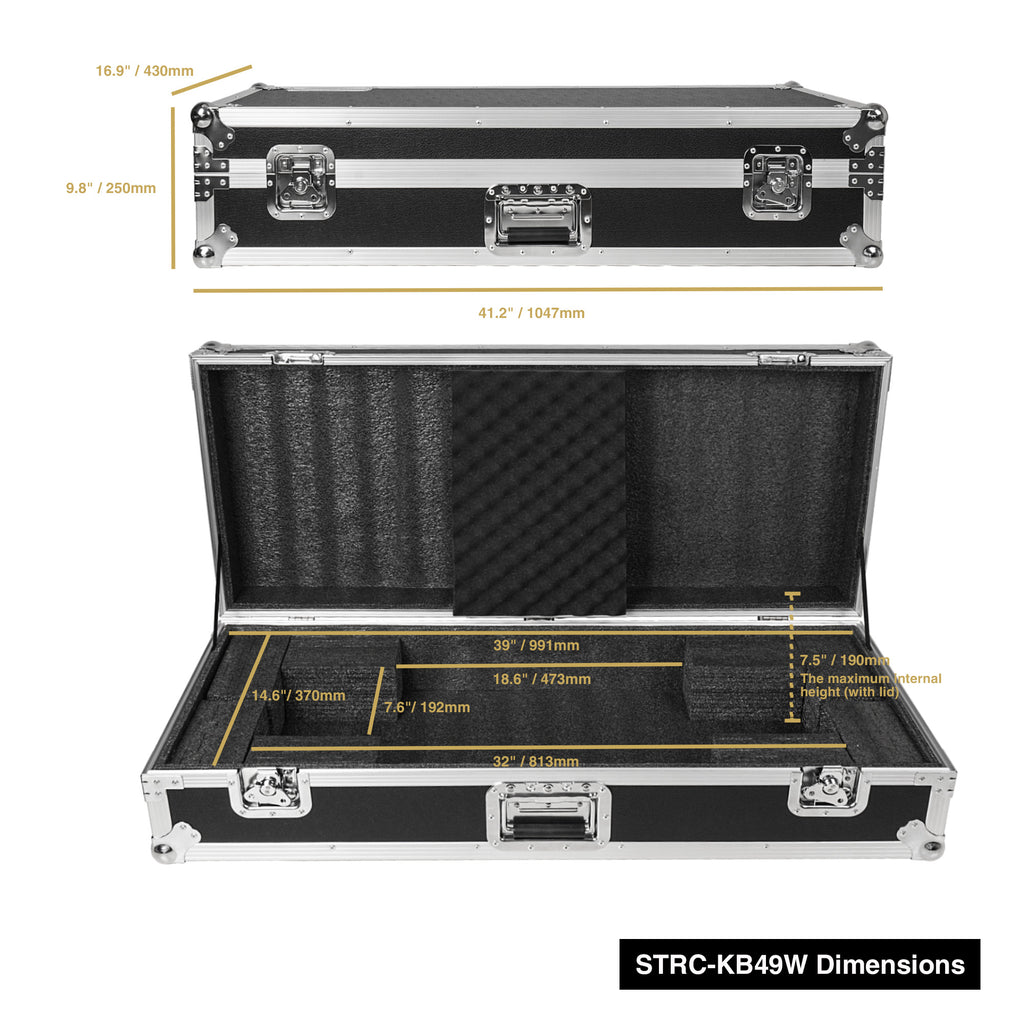 Sound Town STRC-KB49W | Plywood 49-Note Keyboard ATA Flight Case, with Recessed Handles and Latches, High-density Foam Interior - Size and Dimensions