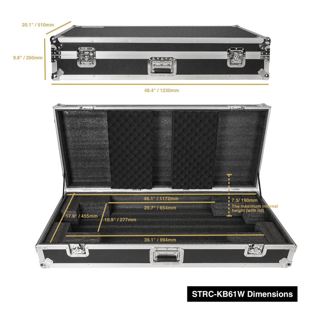 Sound Town STRC-KB61W | Plywood 61-Note Keyboard ATA Flight Case, with Recessed Wheels, Handles and Latches, High-density Foam Interior - Size and Dimensions