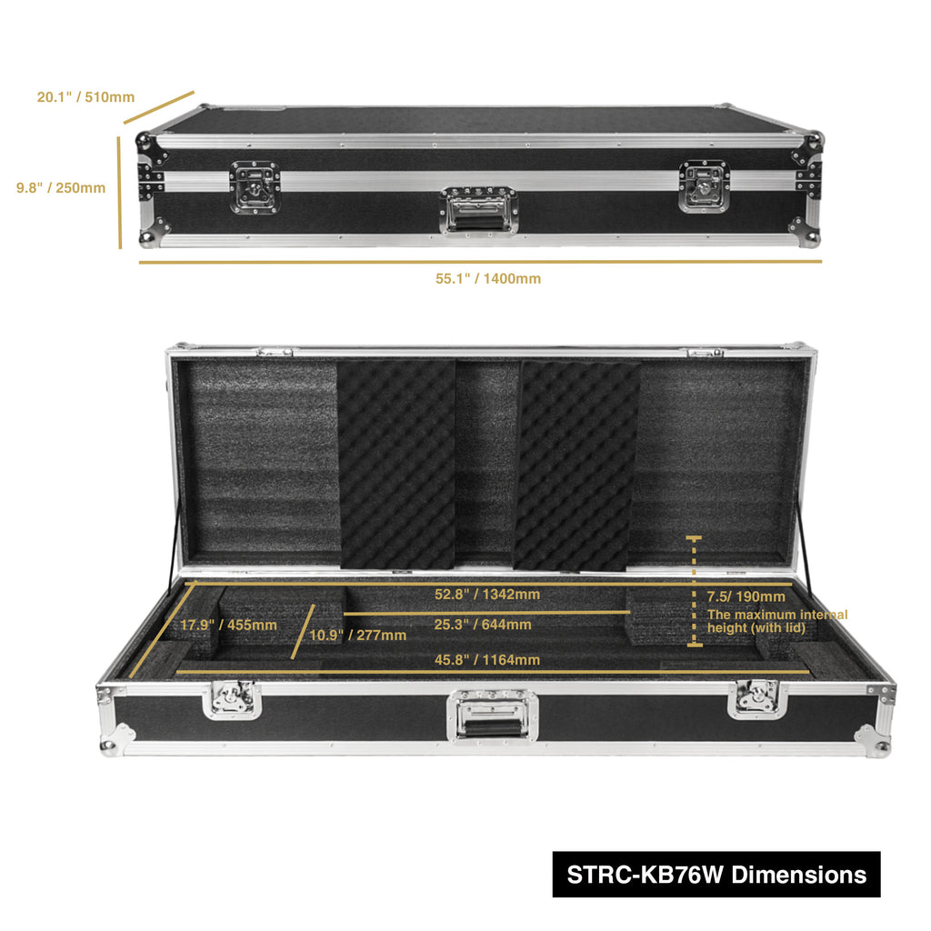 Sound Town STRC-KB76W-R | REFURBISHED: Plywood 76-Note Keyboard ATA Flight Case, with Recessed Wheels, Handles and Latches, High-density Foam Interior - Size and Dimensions