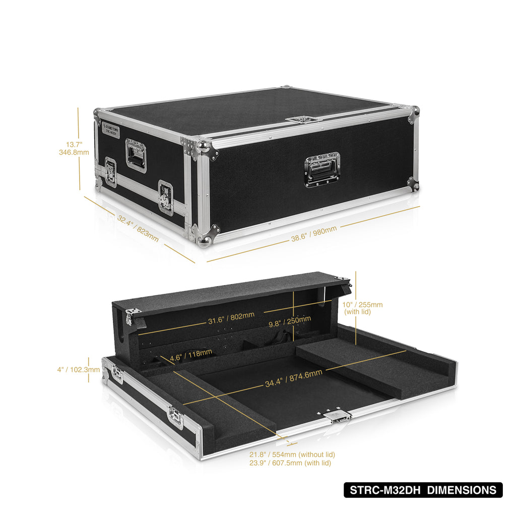 Sound Town STRC-M32DH-R | REFURBISHED: ATA Plywood Mixer Case with Interior Foam Protection, Dog House and Caster wheels for Midas M32 Mixer Console - Interior and Exterior Size and Dimensions