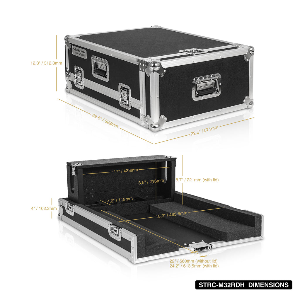 Sound Town STRC-M32RDH | ATA Plywood Mixer Case with Interior Foam Protection, Dog House and Caster wheels for Midas M32R Mixer Console - Internal & External Size and Dimensions
