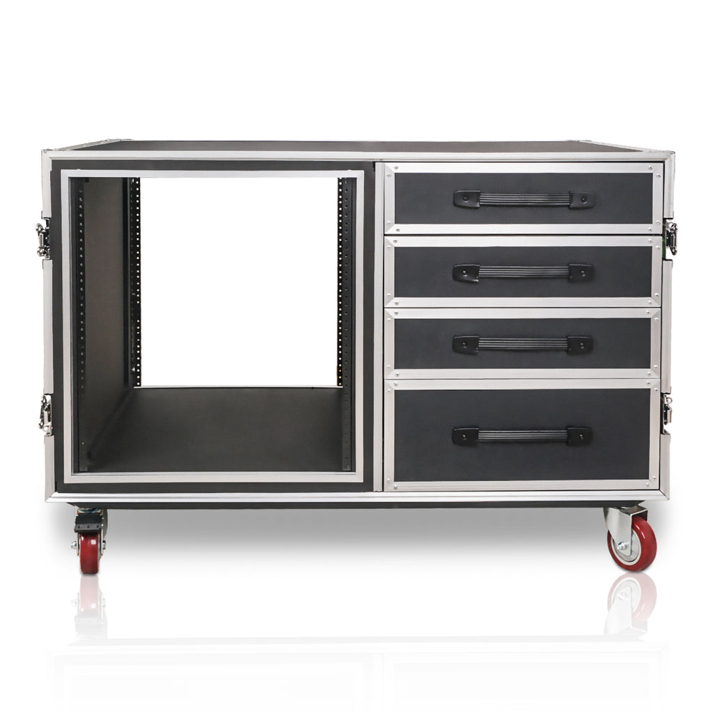 Sound Town STRC-SP12U4DT2 | 1/2" Plywood Shock Mount 12U Workstation Rack Case w/ 4 Drawers and 2 Tables for Customizable Stage & Studio Equipment Storage Console for Organization, Rack-Mountable