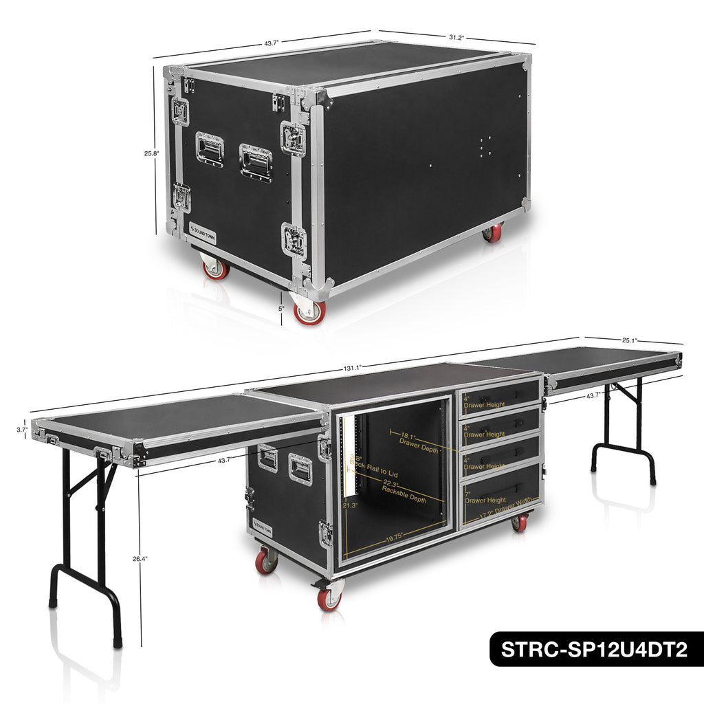 Sound Town STRC-SP12U4DT2 | 1/2" Plywood Shock Mount 12U Workstation Rack Case w/ 4 Drawers and 2 Tables for Customizable Stage & Studio Equipment Storage - Size & Dimensions
