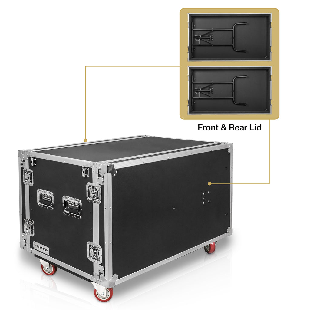 Sound Town STRC-SP12U4DT2 | 1/2" Plywood Shock Mount 12U Workstation Rack Case w/ 4 Drawers and 2 Tables for Customizable Stage & Studio Equipment Storage - Front & Rear Lid