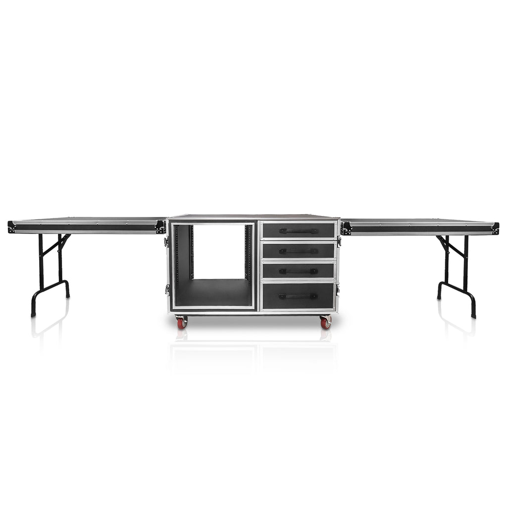 Sound Town STRC-SP12U4DT2 | 1/2" Plywood Shock Mount 12U Workstation Rack Case w/ 4 Drawers and 2 Tables for Customizable Stage & Studio Equipment Storage - Front View with Side Tables