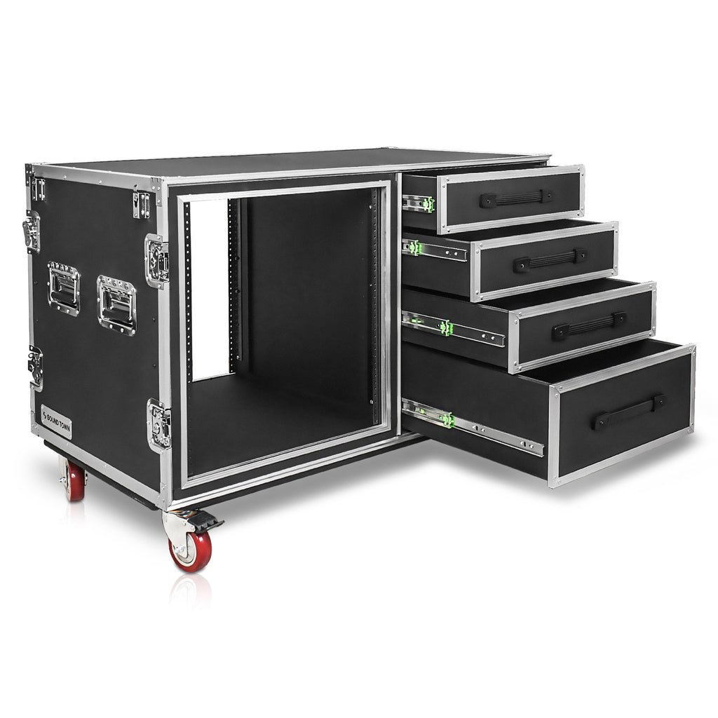 Sound Town STRC-SP12U4DT2 | 1/2" Plywood Shock Mount 12U Workstation Rack Case w/ 4 Drawers and 2 Tables for Customizable Stage & Studio Equipment Storage - Heavy Duty