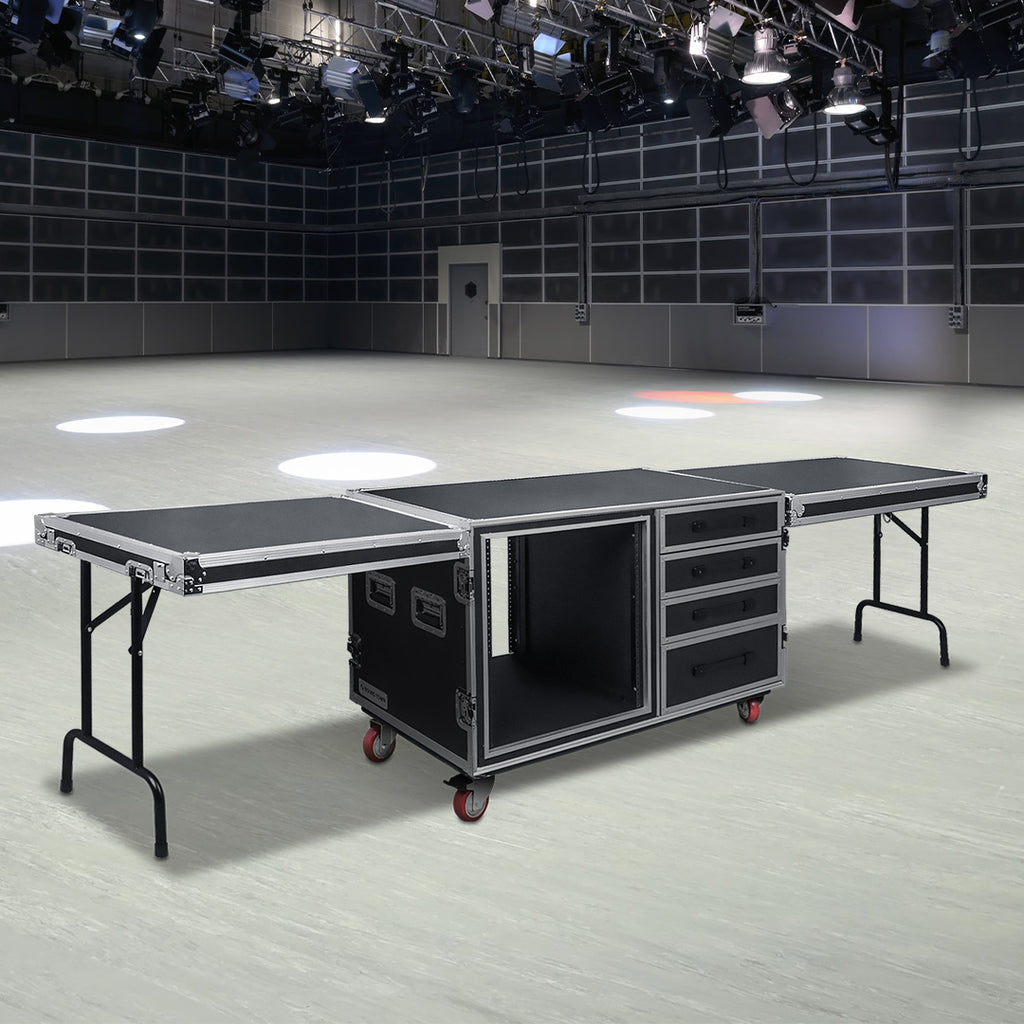 Sound Town STRC-SP12U4DT2 | 1/2" Plywood Shock Mount 12U Workstation Rack Case w/ 4 Drawers and 2 Tables for Customizable Stage & Studio Equipment Storage-Live Events, Tour, Studio