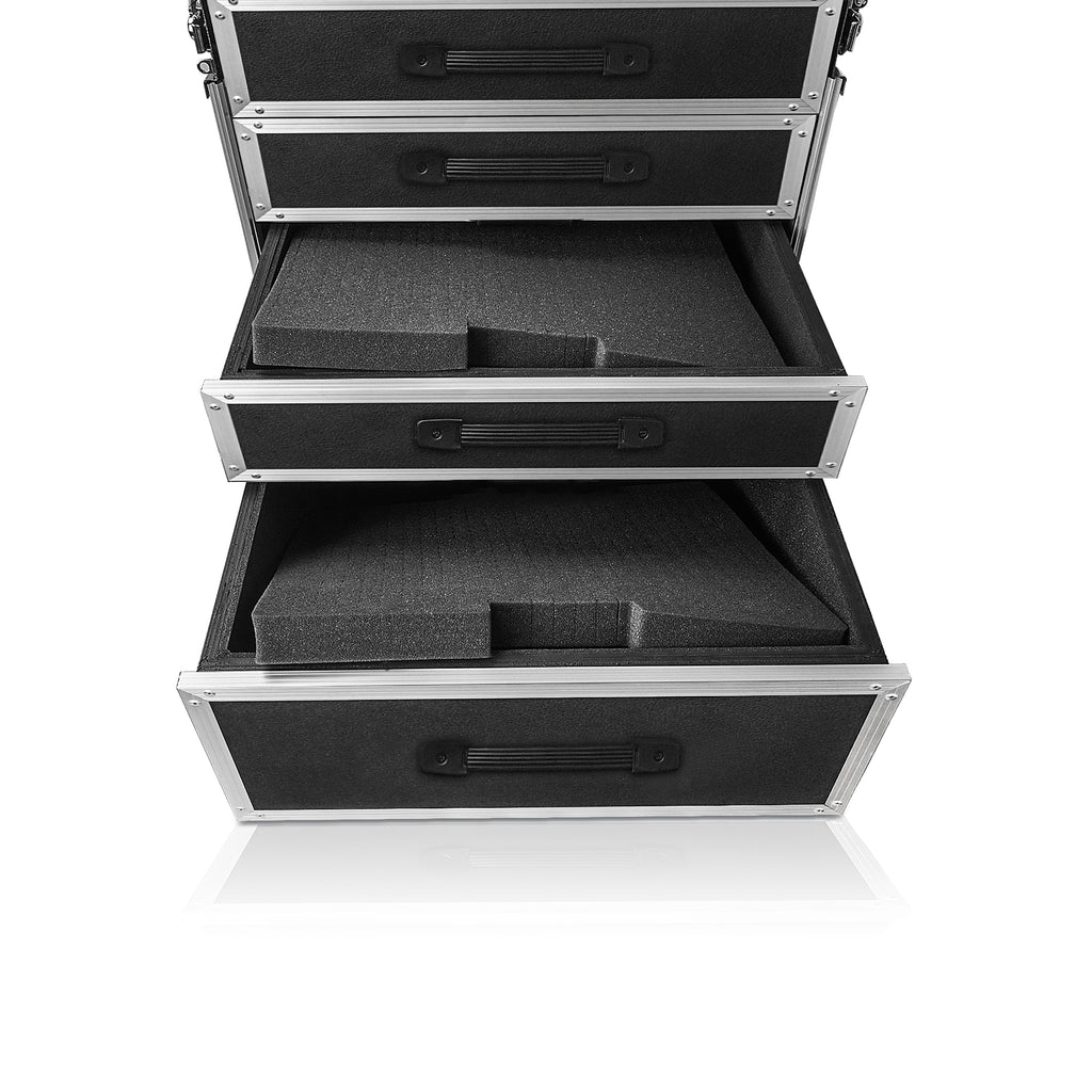 Sound Town STRC-SP12U4DT2 | 1/2" Plywood Shock Mount 12U Workstation Rack Case w/ 4 Drawers and 2 Tables for Customizable Stage & Studio Equipment Storage with Pre-Scored Diced Foam