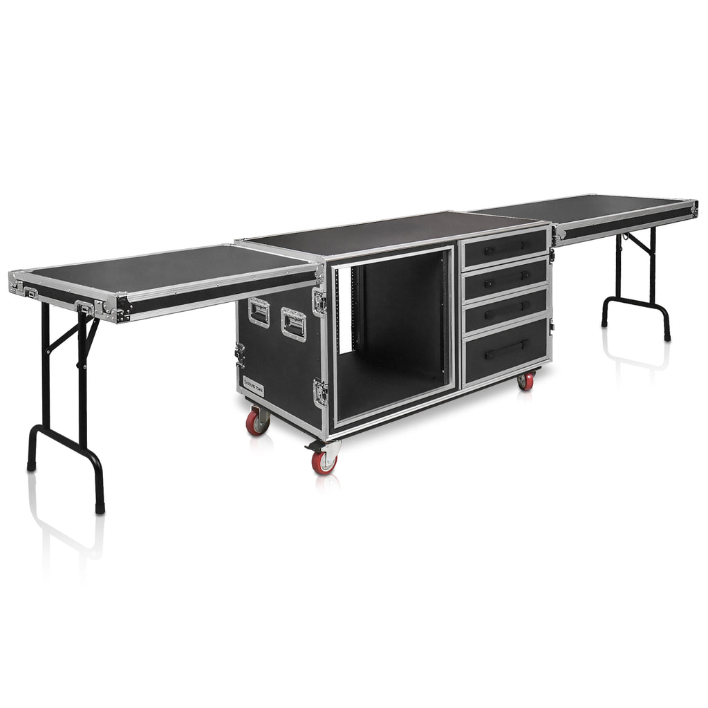 Sound Town STRC-SP12U4DT2 | 1/2" Plywood Shock Mount 12U Workstation Rack Case w/ 4 Drawers and 2 Tables for Customizable Stage & Studio Equipment Storage - Right Angle