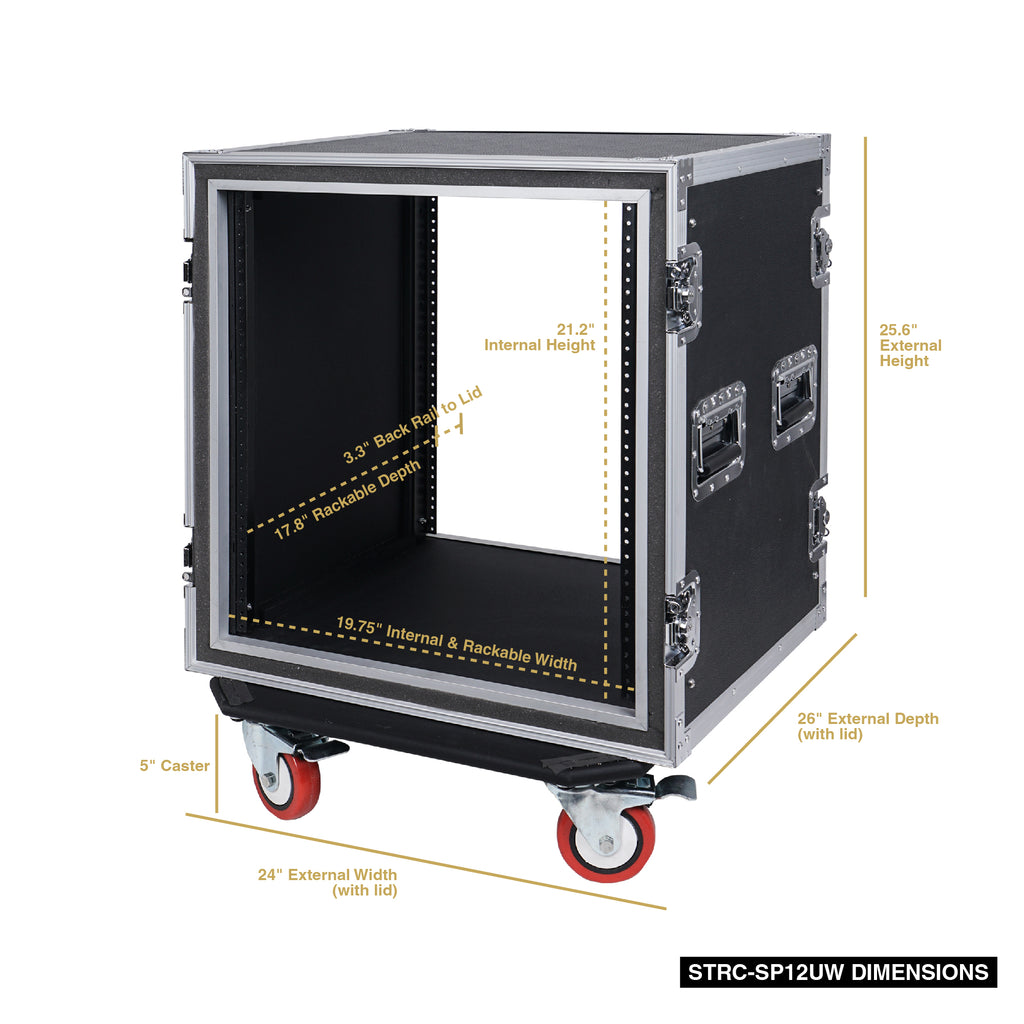 Sound Town STRC-SP12UW 12U (12 Space) PA/DJ Shock Mount Rack/Road ATA Case with 17” Rackable Depth and Casters - Size & Dimensions