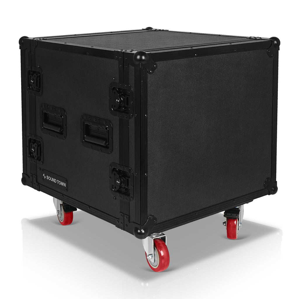 Sound Town STRC-SPB10UW | Black Series Shock Mount 10U ATA Plywood Rack Case with 21" Rackable Depth, All-Black Anodized Hardware and Casters, Pro Tour Grade. It is Equipped with Heavy-Duty Twist Latches and Rubber-Gripped Handles for Convenient Portability.