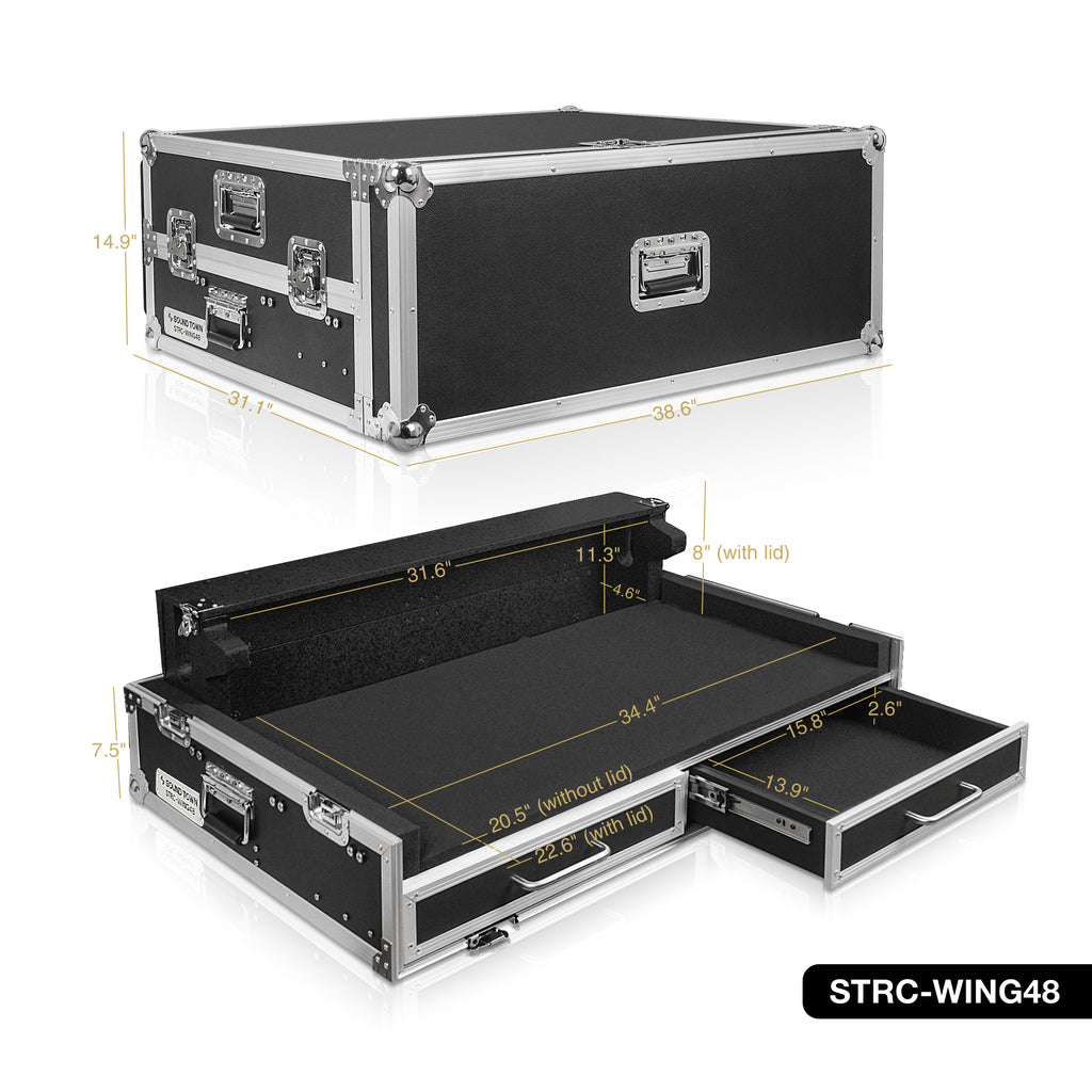 Sound Town STRC-WING48 | ATA Plywood Mixer Case with Interior Foam Protection, Doghouse, 2 Drawers, and Caster Wheels for Behringer WING 48 Mixer Console - Interior and Exterior Size and Dimensions