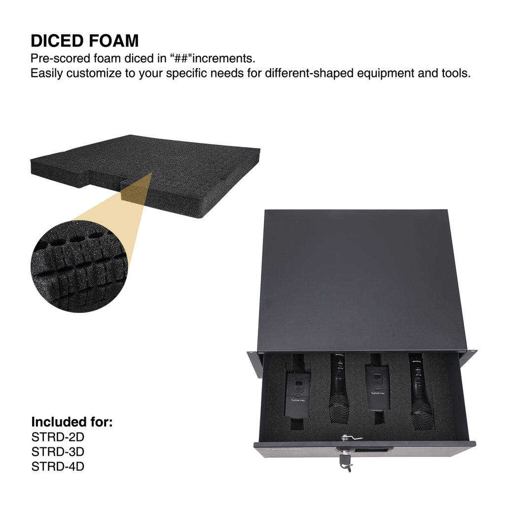 Sound Town STRD-4D 19" 4U Locking Rack Mount Sliding Drawer, with Protection Foam - pre-scored foam diced in "##" increments. easily customized to your specific needs for different-shaped equipment and tools.