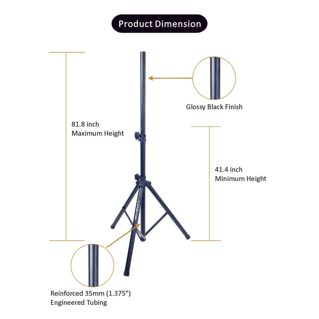 Sound Town STSD-71B-PAIR-R | REFURBISHED: 2-Pack Universal Tripod Speaker Stands w/ Adjustable Height, 35mm Compatible Insert, Locking Knob, Shaft Pin, Black - Dimensions