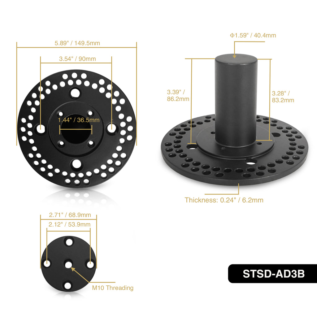 Sound Town STSD-AD3B-PAIR | Versatile Two 35mm (1 3/8") Speaker Pole Mount and M10 Threaded Mounting Plate Adapter Set for PA/DJ Speaker Cabinet, Black, Size and Dimensions