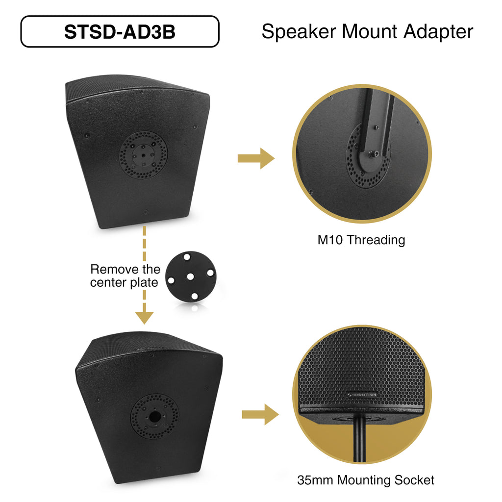 Sound Town STSD-AD3B-PAIR | Versatile Two 35mm (1 3/8") Speaker Pole Mount and M10 Threaded Mounting Plate Adapter Set for PA/DJ Speaker Cabinet, Black - Speaker Mount Adapter