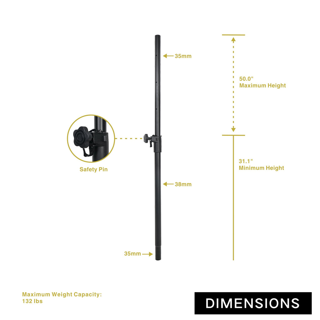 Sound Town STSDA-50B-R | REFURBISHED: Subwoofer Speaker Poles with Adjustable Height and Safety Pins - Size and Dimensions