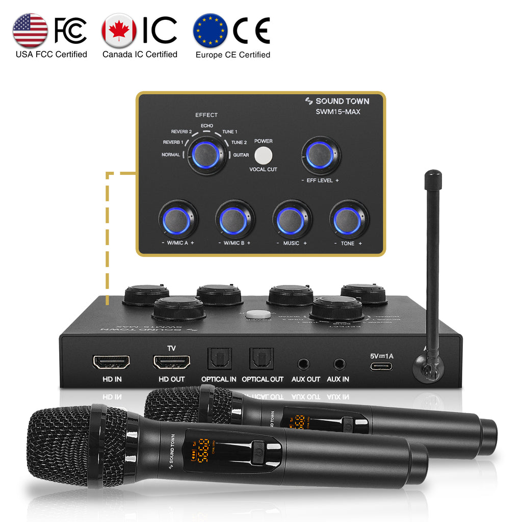 Sound Town SWM15-MAX | 16 Channels Wireless Microphone Karaoke Mixer System w/ HD ARC, Optical (Toslink), AUX, Supports Smart TV, Media Box, PC, Soundbar - USA FCC Certified, Canada IC Certified, Europe CE Ceritified