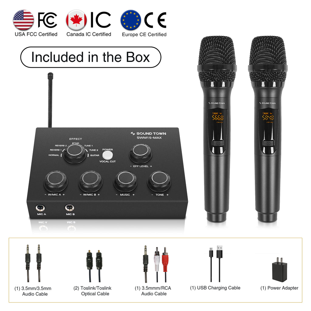 Sound Town SWM15-MAX | 16 Channels Wireless Microphone Karaoke Mixer System w/ HD ARC, Optical (Toslink), AUX, Supports Smart TV, Media Box, PC, Soundbar - Package Contents