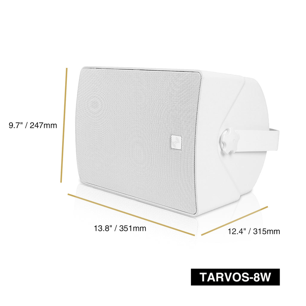 Sound Town TARVOS-8W-PAIR-R | REFURBISHED: Pair of 8" Weather-Resistant Surface-Mount Speaker, Indoor/Outdoor, 70V/100V/8ohm, for Home & Commercial Installation, White - Size and Dimensions