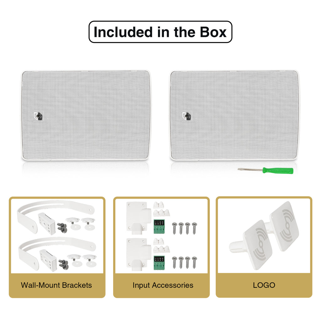 Sound Town TARVOS-8W-PAIR-R | REFURBISHED: Pair of 8" Weather-Resistant Surface-Mount Speaker, Indoor/Outdoor, 70V/100V/8ohm, for Home & Commercial Installation, White - Package Contents