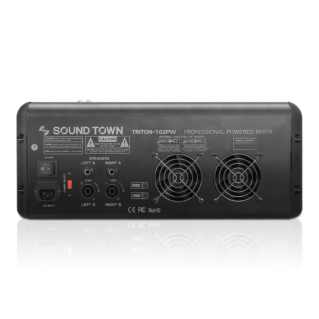 Sound Town TRITON-102PW | 10-Channel 2x800W Powered Mixer w/ 2 Bus, DSP effects, USB MP3, Dual 7-band EQ, Phantom Power-Back Panel
