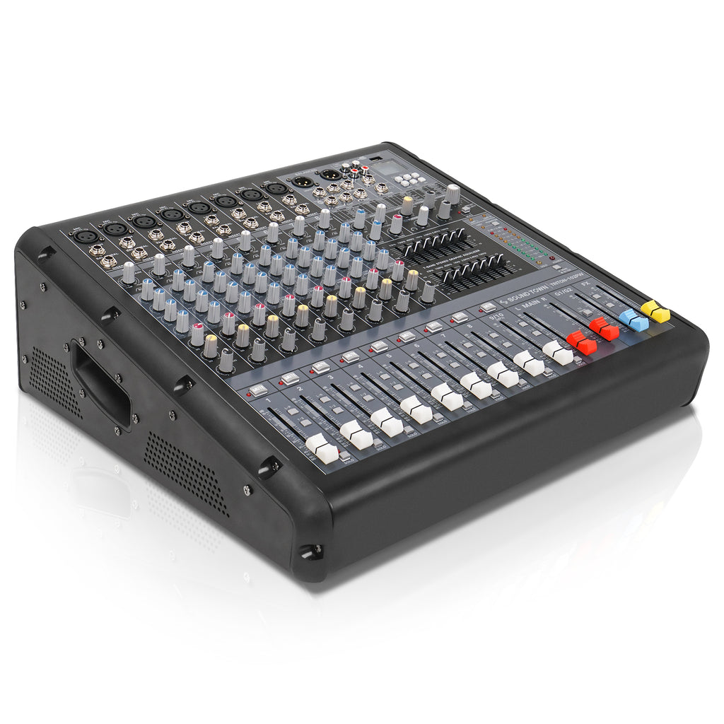 Sound Town TRITON-102PW | 10-Channel 2x800W Powered Mixer w/ 2 Bus, DSP effects, USB MP3, Dual 7-band EQ, Phantom Power-Right Angle