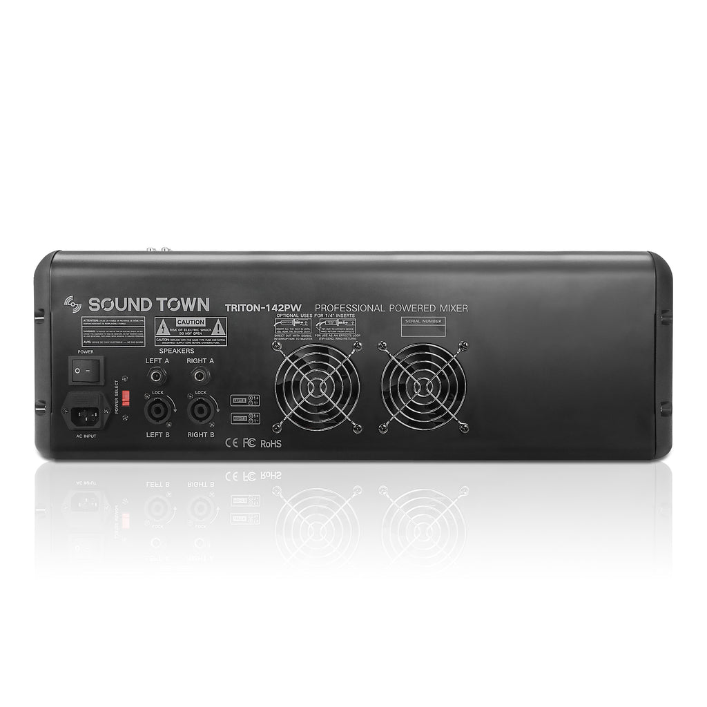 Sound Town TRITON-142PW | 14-Channel 2x800W Powered Mixer w/ 2 Bus, DSP effects, USB MP3, Dual 7-band EQ, Phantom Power-Back Panel