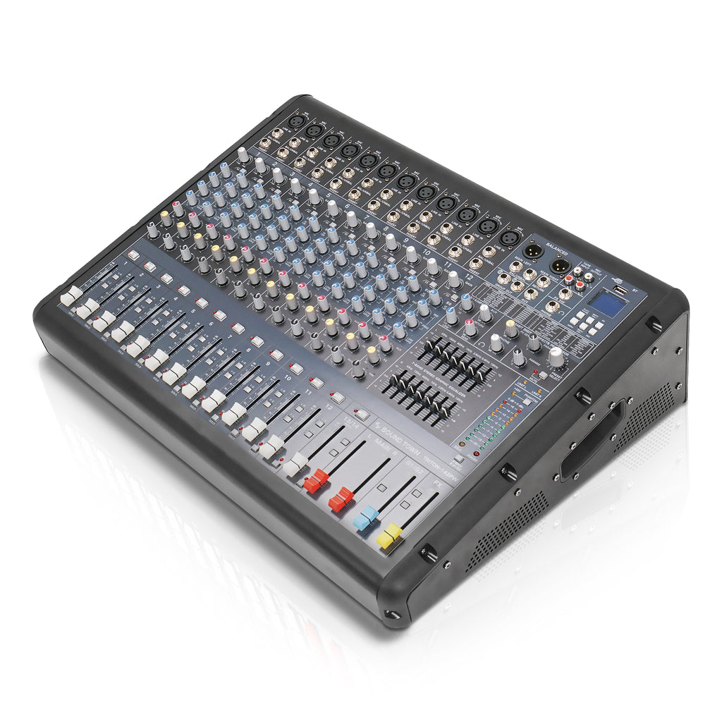 Sound Town TRITON-142PW | 14-Channel 2x800W Powered Mixer w/ 2 Bus, DSP effects, USB MP3, Dual 7-band EQ, Phantom Power-Left Side