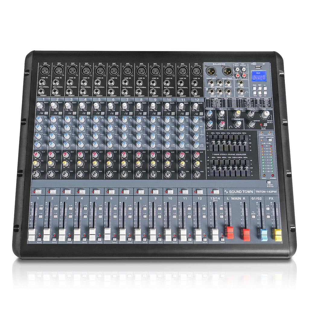 Sound Town TRITON-142PW | 14-Channel 2x800W Powered Mixer w/ 2 Bus, DSP effects, USB MP3, Dual 7-band EQ, Phantom Power-Front View