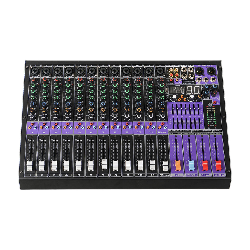 Sound Town TRITON-TX1202-R | REFURBISHED: 12-Channel Professional Audio Mixer with 99 DSP, USB MP3 Bluetooth, Dual 7-band EQ, 48V Phantom Power & Mute, Recording - Controls, Effects, Inputs and Outputs
