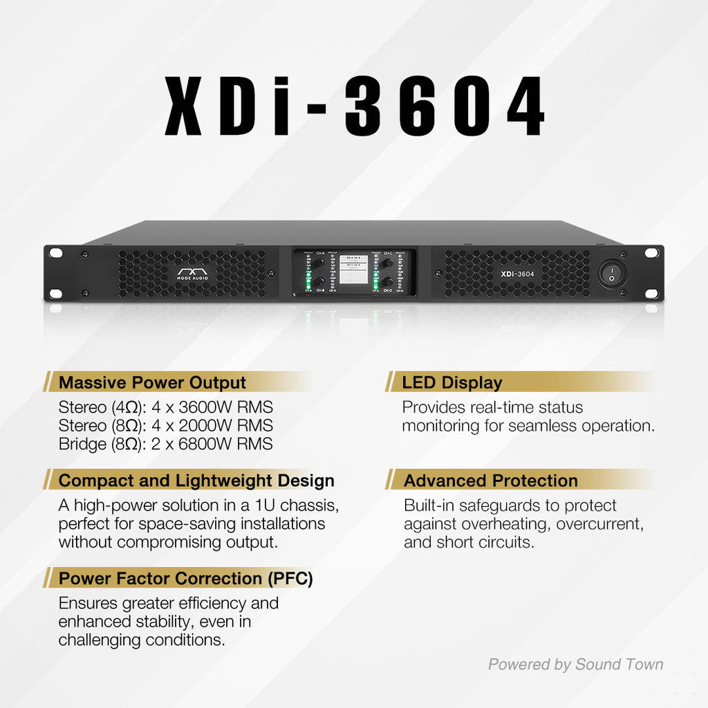 Sound Town XDi-3604 | MODE Audio High Power Density Class-D 4-Channel PA/DJ Power Amplifier, 4 x 3600W RMS at 4-ohm, with PFC Power, LED Screen-Product Features