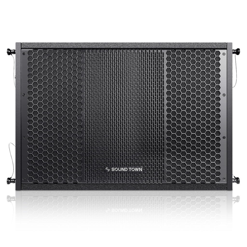 Sound Town ZETHUS-115SPW110PWX2 | ZETHUS Series 15” 1200W Powered Line Array Subwoofer with DSP, LPF, Black - Front Panel